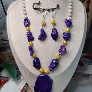 Purple and Gold Beaded Necklace and Earring Set